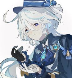 Rule 34 | 1girl, 3 waaaaa, ahoge, ascot, asymmetrical gloves, black gloves, blue ascot, blue bow, blue brooch, blue eyes, blue hair, blue hat, blue jacket, bow, crying, crying with eyes open, furina (genshin impact), genshin impact, gloves, hat, heterochromia, highres, jacket, long hair, mismatched gloves, multicolored hair, sidelocks, simple background, solo, streaked hair, teardrop, tears, top hat, two-tone hair, upper body, white background, white gloves