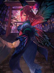 Rule 34 | 1girl, 1other, absurdres, aerial fireworks, blue eyes, blue kimono, butterfly wings, commission, facial mark, fairy wings, fire emblem, fire emblem heroes, fireworks, gradient clothes, hair vines, highres, insect wings, japanese clothes, kimono, kiran (fire emblem), long sleeves, looking at another, looking at viewer, looking back, night, night sky, nintendo, official alternate costume, plant, pov, purple hair, shimekazari, skeb commission, sky, smile, solo focus, tanbi, teo (telo ruka), thorns, triandra (fire emblem), vines, wide sleeves, wings