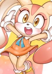 Rule 34 | 1girl, arms up, blue neckwear, blush, brown eyes, child, cream the rabbit, dress, female focus, furry, furry female, gloves, highres, nose, open mouth, orange dress, panties, rabbit, rabbit ears, round teeth, short dress, sleeveless, sleeveless dress, solo, sonic (series), teeth, tory (tory29), underwear, upper teeth only, white gloves, white panties