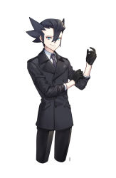 Rule 34 | 1boy, adjusting sleeves, alternate costume, bad id, bad twitter id, black coat, black gloves, black hair, black pants, blue eyes, buttons, closed mouth, coat, collared shirt, commentary request, creatures (company), game freak, gloves, grimsley (pokemon), hair between eyes, korean commentary, male focus, mongguri, necktie, nintendo, pants, pokemon, pokemon bw, shirt, simple background, smile, solo, spiked hair, white background, white shirt