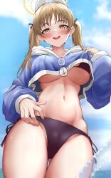 Rule 34 | 1girl, absurdres, animal ears, bikini, black bikini, blue archive, blue jacket, blue sky, breasts, brown hair, cloud, day, fake animal ears, glasses, halo, highres, jacket, large breasts, lds (dstwins97), lifting own clothes, long sleeves, looking at viewer, moe (blue archive), moe (swimsuit) (blue archive), navel, official alternate costume, open mouth, outdoors, side-tie bikini bottom, sky, smile, solo, swimsuit, thighs, underboob, yellow halo