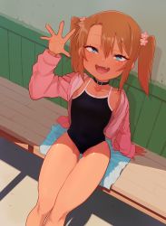 Rule 34 | 1girl, blush, camisole, collar, ebisujima misato, fang, hair between eyes, heart collar, heart pendant, highres, hood, hoodie, looking at viewer, open mouth, original, school swimsuit, smile, swimsuit, tan, tanline, thigh gap, twintails, waving, yellow camisole, yuma (ebisujima misato)