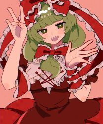 Rule 34 | 1girl, arm ribbon, bow, commentary request, dress, frilled bow, frilled ribbon, frills, front ponytail, green eyes, green hair, hair bow, hair ribbon, hands up, highres, kagiyama hina, long hair, looking at viewer, open mouth, pink background, red bow, red dress, red ribbon, ribbon, shino8504, short sleeves, simple background, smile, solo, touhou, upper body
