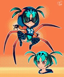 Rule 34 | 1girl, absurdres, arthropod girl, arthropod limbs, black gloves, blue hair, blue leotard, commentary, crossover, english commentary, fingerless gloves, gloves, goggles, highres, hood, hoodie, insect girl, kemono friends, leotard, looking at viewer, marvel, orange background, orange eyes, original, short hair, signature, spider-man: across the spider-verse, spider-man (series), spider-verse, spider girl, thighhighs, treppy2
