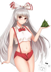 Rule 34 | 2girls, ^ ^, absurdres, adapted costume, bare arms, bare shoulders, black bow, blunt bangs, blush, bow, bowtie, breasts, chinese commentary, closed eyes, commentary request, cowboy shot, crop top, ex-keine, food, fujiwara no mokou, groin, hair bow, hand up, highres, holding, holding food, horn bow, horn ornament, horns, kamishirasawa keine, leaf, long hair, looking at viewer, medium breasts, midriff, multiple girls, navel, nose blush, onigiri, open fly, red bow, red eyes, red neckwear, red shorts, shirt, short shorts, shorts, silver hair, simple background, sleeveless, sleeveless shirt, standing, stomach, suspenders, thighs, touhou, very long hair, white background, white bow, white shirt, wing collar, wuwusan