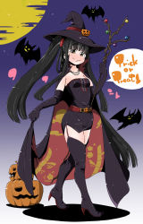 Rule 34 | 1girl, black footwear, black hair, black thighhighs, boots, branch, breasts, brown eyes, cape, dress, garter straps, halloween costume, hat, high heel boots, high heels, highres, houraisan kaguya, jeweled branch of hourai, long hair, short dress, small breasts, smile, strapless, strapless dress, takeu, thick eyebrows, thigh boots, thighhighs, touhou, twintails, very long hair, witch, witch hat, zettai ryouiki