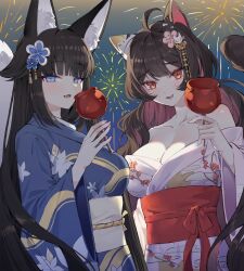 Rule 34 | 2girls, :3, animal ear fluff, animal ears, bare shoulders, black hair, blue eyes, blue kimono, blunt bangs, breasts, brown hair, candy apple, cat ears, cat girl, cat tail, collarbone, colored inner hair, fang, fireworks, flower, food, fox ears, fox girl, fox tail, hair flower, hair ornament, highres, holding, holding food, indie virtual youtuber, japanese clothes, kimono, large breasts, long hair, looking at viewer, minaowa, mole, mole on breast, mole under eye, multicolored hair, multiple girls, night, no bra, obi, off shoulder, open mouth, red eyes, sakae izumi, sash, second-party source, seductive smile, seizou hidzuke, slit pupils, smile, tail, very long hair, virtual youtuber, wavy hair, white kimono