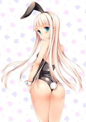 Rule 34 | 1girl, animal ears, ass, bad id, bad nicoseiga id, bare shoulders, blue eyes, blush, fake animal ears, from behind, itou nanami, long hair, looking back, open mouth, original, playboy bunny, rabbit ears, rabbit tail, silver hair, solo, tail, wrist cuffs