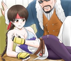 Rule 34 | beard, braid, brown hair, covering privates, covering breasts, dougi, embarrassed, facial hair, highres, one breast out, pantyhose, sunglasses, the king of fighters, torn clothes, yuri sakazaki