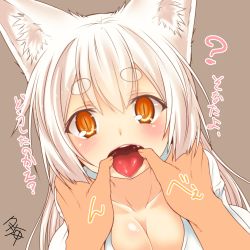 Rule 34 | 1girl, animal ear fluff, animal ears, blush, breasts, brown eyes, cleavage, collarbone, commentary request, eyebrows, fox ears, grey background, hands on another&#039;s cheeks, hands on another&#039;s face, hikimayu, kohaku (yua), long hair, looking at viewer, original, pov, slit pupils, solo focus, thick eyebrows, tongue, tongue out, translation request, white hair, yua (checkmate)