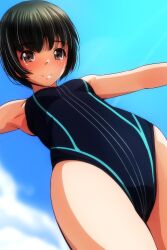 Rule 34 | 1girl, absurdres, black hair, black one-piece swimsuit, blue sky, blush, breasts, brown eyes, cloud, competition swimsuit, cowboy shot, from below, highleg, highleg swimsuit, highres, looking at viewer, matsunaga kouyou, one-piece swimsuit, original, outstretched arms, short hair, sky, small breasts, smile, solo, standing, swimsuit, two-tone swimsuit
