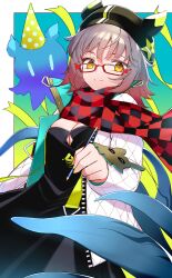 Rule 34 | 1girl, animal hat, arknights, black dress, black hat, black scarf, breasts, brown hair, checkered clothes, checkered scarf, cleavage, cleavage cutout, clothing cutout, colored tips, cowboy shot, deepcolor (arknights), dress, glasses, gradient hair, green ribbon, hat, highres, holding, holding pen, jacket, large breasts, long sleeves, looking at viewer, multicolored hair, open clothes, open jacket, pen, red-framed eyewear, red hair, red scarf, ribbon, scarf, signal 1120, simple background, smile, solo, split mouth, streaked hair, two-tone scarf, white jacket, yellow eyes