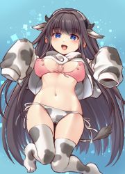 1girl, :d, alternate costume, animal print, azur lane, bangs, bikini, black hair, blue background, blue eyes, blush, breasts, cleavage, commentary request, cow print, dated, erect nipples, eyebrows visible through hair, floating, front-tie bikini, front-tie top, ghost pose, groin, headphones, highres, knees together feet apart, long hair, long island (azur lane), long sleeves, looking at viewer, medium breasts, midriff, mismatched bikini, navel, open mouth, pink bikini, puchopucho, shrug (clothing), side-tie bikini, sidelocks, signature, skindentation, sleeves past fingers, sleeves past wrists, smile, solo, swimsuit, thigh gap, thighhighs, very long hair, white bikini, white legwear, white sleeves