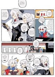 Rule 34 | 4girls, ahoge, arknights, ascot, black coat, black collar, black gloves, blue scarf, closed eyes, closure (arknights), coat, collar, comic, cup, disposable cup, drink, english text, food, gladiia (arknights), gloves, grey hair, hair between eyes, highres, holding, holding drink, holding food, holding pocket watch, infection monitor (arknights), jitome, long hair, movie theater, multiple girls, official alternate costume, partially fingerless gloves, people, pocket watch, pointy ears, popcorn, queue, red eyes, red sweater, scarf, sharp teeth, skadi (arknights), smile, specter (arknights), speech bubble, sweatdrop, sweater, teeth, u u, vento, watch, white ascot