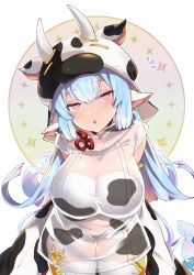 Rule 34 | 1girl, animal ears, animal print, arms behind back, bare shoulders, bikini, blue hair, blush, breasts, catura (granblue fantasy), cleavage, cow ears, cow girl, cow hat, cow horns, cow print, cow tail, detached collar, detached sleeves, draph, ear piercing, granblue fantasy, hato yu-ki, highres, horns, large breasts, leaning forward, long hair, looking at viewer, navel, open mouth, piercing, pink eyes, pointy ears, see-through, short shorts, shorts, swimsuit, tail, thighhighs, thighs, white bikini, white shorts, white thighhighs, wide sleeves