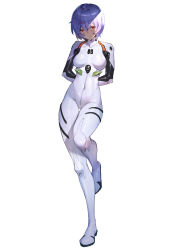 Rule 34 | 1girl, arms behind back, ayanami rei, blush, bodysuit, breasts, closed mouth, covered navel, frown, full body, highres, leg up, looking at viewer, medium breasts, neon genesis evangelion, plugsuit, purple hair, raijuu (bakanara), red eyes, shaded face, short hair, simple background, skin tight, solo, standing, standing on one leg, thigh gap, white background, white bodysuit