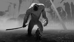 Rule 34 | 1boy, email address, facing another, facing away, from behind, giant, greyscale, guardian ape, headless, highres, holding, holding head, holding sword, holding weapon, katana, l aciel, male focus, monochrome, monster, sekiro, sekiro: shadows die twice, standing, sword, tree, water, weapon