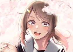 Rule 34 | 1girl, black shirt, blurry, blurry foreground, branch, brown hair, cherry blossoms, commentary request, depth of field, flower, hair ornament, hairclip, highres, kapatarou, long hair, long sleeves, low ponytail, original, pink flower, ponytail, red eyes, sailor collar, school uniform, serafuku, shirt, sidelocks, solo, swept bangs, upper body, white sailor collar