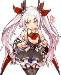 Rule 34 | 1girl, :p, azur lane, bikini, bikini pull, bikini top only, black skirt, breasts, clothes pull, commentary request, detached collar, detached sleeves, garter straps, long hair, red eyes, ribbon, rk (rktorinegi), silver hair, skirt, small breasts, smile, solo, swimsuit, thighhighs, tongue, tongue out, twintails, vampire (azur lane)