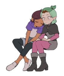 Rule 34 | 2girls, amity blight, blush, brown hair, ear piercing, green hair, head on another&#039;s shoulder, icecone, luz noceda, multiple girls, nervous, piercing, pointy ears, short hair, simple background, sitting, sleeping, sweat, the owl house, white background, white footwear, yuri
