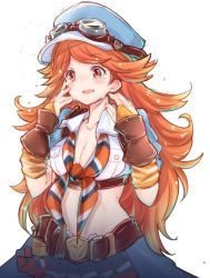 Rule 34 | 10s, 1girl, belt, blush, breasts, cleavage, fingerless gloves, gloves, goggles, goggles on headwear, granblue fantasy, hat, long hair, mary (granblue fantasy), medium breasts, messy hair, midriff, nikke (cherish), open mouth, orange hair, red eyes, shirt, skirt, smile, solo, tears, tied shirt