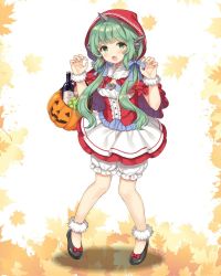 Rule 34 | 1girl, alternate costume, alternate hairstyle, basket, bloomers, blue ribbon, bottle, bow, center frills, claw pose, cosplay, food, footwear bow, frills, fruit, full body, grapes, green eyes, green hair, hair ribbon, halloween, halloween bucket, halloween costume, hood, horns, jack-o&#039;-lantern, komano aunn, leaf, leaf background, little red riding hood, little red riding hood (grimm), little red riding hood (grimm) (cosplay), looking at viewer, open mouth, pointy ears, red hood, ribbon, shiromikan, shoes, single horn, solo, standing, touhou, underwear