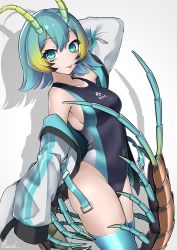 Rule 34 | 1girl, absurdres, antennae, arm up, bare shoulders, black one-piece swimsuit, blonde hair, blue hair, blue thighhighs, breasts, closed mouth, collarbone, competition swimsuit, covered navel, drop shadow, gradient hair, green eyes, grey background, hair between eyes, highres, jacket, long sleeves, looking at viewer, medium breasts, multicolored hair, off shoulder, one-piece swimsuit, open clothes, open jacket, original, paravene, personification, signature, sleeves past fingers, sleeves past wrists, solo, swimsuit, tail, thighhighs, tongue, tongue out, white jacket