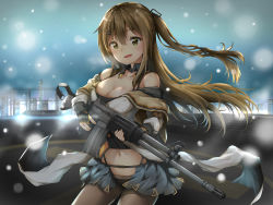 Rule 34 | 1girl, :d, absurdres, assault rifle, backlighting, bare shoulders, black panties, black shirt, blue skirt, blue sky, blurry, blush, bokeh, breasts, brown hair, brown pantyhose, building, city, cityscape, cleavage, commentary request, contrapposto, cowboy shot, crop top, daewoo k2, depth of field, detached collar, floating hair, girls&#039; frontline, green eyes, gun, hair between eyes, hair ornament, hairclip, helipad, highres, holding, holding gun, holding weapon, huge filesize, jacket, k2 (girls&#039; frontline), long hair, long sleeves, looking at viewer, medium breasts, midriff, miniskirt, navel, off shoulder, one side up, open mouth, outdoors, panties, panties over pantyhose, pantyhose, pleated skirt, raidensan, rifle, rooftop, shirt, showgirl skirt, sidelocks, skirt, sky, skyline, skyscraper, smile, solo, standing, stomach, underwear, weapon, white jacket