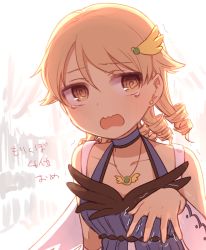 Rule 34 | 10s, 1girl, @ @, bare shoulders, blonde hair, drill hair, earrings, hair ornament, halterneck, idolmaster, idolmaster cinderella girls, jewelry, looking away, morikubo nono, necklace, open mouth, short hair, solo, tears, translation request, trembling, udon (memai no kabe), wavy mouth, yellow eyes
