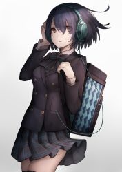 Rule 34 | 1girl, backpack, bad id, bad twitter id, bag, black thighhighs, bow, bowtie, brown bow, brown bowtie, brown eyes, brown jacket, collared shirt, commentary request, cowboy shot, dutch angle, eyes visible through hair, floating hair, gradient background, grey background, hand up, headphones, jacket, long sleeves, looking at viewer, original, parted lips, pleated skirt, purple eyes, purple hair, shirt, sinoalice, skirt, snm (sunimi), solo, standing, thighhighs, white shirt, wind, wind lift, wing collar