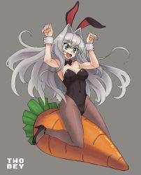 Rule 34 | 1girl, animal ears, artist name, bare shoulders, bow, breasts, carrot, character request, cleavage, commission, covered navel, detached collar, emilia hermit, fake animal ears, green eyes, grey hair, hair between eyes, hair intakes, hundred (light novel), leotard, long hair, medium breasts, open mouth, pantyhose, playboy bunny, rabbit ears, rabbit pose, sitting, smile, solo, twobey, very long hair, white background, wrist cuffs