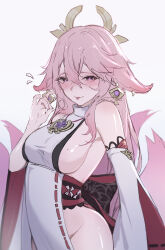 Rule 34 | 1girl, animal ears, bare shoulders, breasts, closed mouth, detached sleeves, earrings, fellatio gesture, flying sweatdrops, genshin impact, highres, jewelry, large breasts, long sleeves, looking at viewer, necklace, nontraditional miko, pink hair, purple eyes, sideboob, simple background, sketch, smile, solo, standing, tongue, tongue out, white background, yae miko, yamiiv