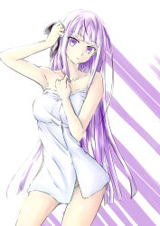 Rule 34 | 1girl, armpits, arms up, bare arms, black ribbon, closed mouth, collarbone, danganronpa: trigger happy havoc, danganronpa (series), eyes visible through hair, female focus, hair ribbon, hands up, highres, kirigiri kyoko, legs, long hair, looking at viewer, multicolored background, naked towel, neck, purple background, purple hair, purple stripes, ribbon, shiny skin, simple background, solo, standing, striped, striped background, thighs, towel, towel over breasts, very long hair, white background, white towel, wrapped, wrapped up