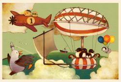 Rule 34 | aircraft, airplane, balloon, bird, boat, border, buku (bunnbuk), chick, dirigible, goggles, highres, lighthouse, no humans, original, outdoors, penguin, seagull, watercraft