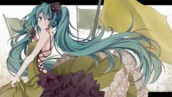 Rule 34 | 1girl, aqua eyes, aqua hair, bare shoulders, bow, cross-laced clothes, dress, flag, flower, frilled dress, frills, green dress, hair flower, hair ornament, hatsune miku, kochira koufuku anshin iinkai desu (vocaloid), long hair, looking back, microphone, microphone stand, skirt hold, solo, this is the happiness and peace of mind committee (vocaloid), twintails, very long hair, vintage microphone, vocaloid, wogura