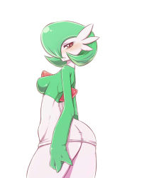 Rule 34 | 1girl, ass, bad id, bad pixiv id, blush, breasts, creatures (company), dress, female focus, flat ass, game freak, gardevoir, gen 3 pokemon, green hair, hair over one eye, highres, large breasts, nintendo, no humans, personification, pokemon, pokemon (creature), red eyes, short dress, short hair, simple background, solo, warumono tomii, white background