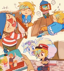 Rule 34 | 2girls, 3boys, bandana, blonde hair, buck teeth, drawing (object), facial mark, floating, ghost, hand to own mouth, hat, highres, link, multiple boys, multiple girls, niko (zelda), nintendo, official alternate costume, picture frame, princess zelda, red nose, sequential, shirt, sitting, sleeping, striped clothes, striped shirt, teeth, tetra, the legend of zelda, the legend of zelda: spirit tracks, the legend of zelda: the wind waker, tiara, tokuura, toon link, toon zelda, whisker markings, zzz