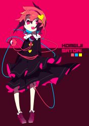 Rule 34 | 1girl, :d, akimaki yuu, alternate costume, arms behind back, bad id, bad twitter id, black dress, character name, commentary request, dress, eyeball, full body, hairband, heart, heart of string, highres, komeiji satori, long sleeves, looking at viewer, open mouth, pink eyes, pink hair, pink ribbon, purple footwear, red background, ribbon, round teeth, shoes, short hair, smile, solo, teeth, third eye, touhou, two-tone background