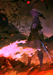 Rule 34 | 1boy, bat (animal), boots, campfire, closed mouth, cloud, colored sclera, dark link, embers, fingerless gloves, fire, gloves, grass, holding, holding sword, holding weapon, link, looking back, male focus, monster, mountain, nintendo, outdoors, pointy ears, red eyes, red sclera, slit pupils, smoke, standing, starstruckdon, sword, the legend of zelda, weapon, wood