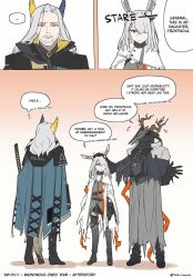 Rule 34 | 1girl, 2boys, animal ears, antlers, arknights, armor, deer antlers, english text, father and daughter, feathers, frostnova (arknights), gloves, headpat, height difference, hellagur (arknights), highres, horns, laughing, multiple boys, one eye covered, ootachi, patriot (arknights), power armor, rabbit ears, speech bubble, spoilers, staring, tsukino (nakajimaseiki), white hair