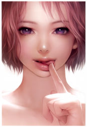 Rule 34 | 1girl, :p, absurdres, aki zake, border, finger to mouth, highres, licking lips, lips, looking at viewer, open mouth, original, pink hair, portrait, purple eyes, realistic, scan, short hair, simple background, smile, solo, tongue, tongue out, upper body, white border