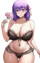 Rule 34 | 1girl, absurdres, bare shoulders, black bra, black panties, bra, breasts, cleavage, collarbone, fate/stay night, fate (series), flower, gluteal fold, hair ribbon, highres, holding, holding flower, jasony, large breasts, looking at viewer, matou sakura, panties, parted lips, purple eyes, purple hair, red ribbon, ribbon, simple background, smile, solo, thigh gap, underwear, white background