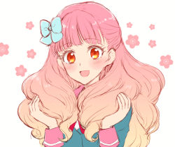 Rule 34 | 1girl, :d, aikatsu! (series), aikatsu friends!, aqua jacket, blazer, blue bow, blunt bangs, blush, bow, cherry blossoms, drill hair, floral background, gradient hair, hair bow, hair over shoulder, holding, holding own hair, jacket, long hair, looking at viewer, multicolored hair, open mouth, orange eyes, orange hair, pink hair, pink sailor collar, sailor collar, sbs, school uniform, simple background, sketch, smile, solo, star harmony academy school uniform, upper body, white background, yuki aine
