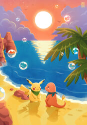 Rule 34 | beach, bird, bubble, charmander, cloud, cloudy sky, creatures (company), crying, day, driftwoodwolf, fire, flame-tipped tail, game freak, gen 1 pokemon, horizon, nintendo, no humans, ocean, open mouth, outdoors, pikachu, pokemon, pokemon (creature), pokemon mystery dungeon, pokemon mystery dungeon: explorers of time/darkness/sky, sand, shadow, sky, smile, standing, sun, sunlight, tears, tree, water