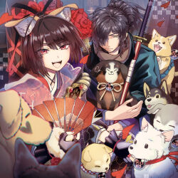 Rule 34 | 1boy, 1girl, :d, animal ear fluff, animal ears, black hair, brown hair, commentary request, dog, falling petals, fate/grand order, fate (series), folding fan, gloves, hair over one eye, hand fan, highres, japanese clothes, kimono, kyokutei bakin (fate), looking at another, looking at viewer, multiple dogs, okada izou (fate), open mouth, partially fingerless gloves, petals, ponytail, pout, puff of air, red eyes, red kimono, red nails, scabbard, sheath, smile, sword, teeth, uchiwara kano, upper teeth only, weapon, yellow eyes