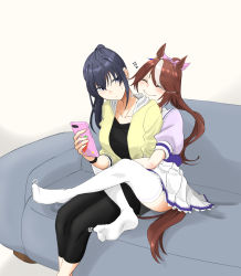 Rule 34 | !, 2girls, animal ears, black hair, brown hair, carrot print, cellphone, closed eyes, collarbone, couch, female trainer (umamusume), food print, frilled skirt, frills, high ponytail, highres, holding, holding phone, hood, hooded jacket, horse ears, horse girl, horse tail, hug, jacket, leg lock, motion lines, multicolored hair, multiple girls, phone, pleated skirt, poteo (poteo mot), puffy short sleeves, puffy sleeves, purple shirt, sailor collar, sailor shirt, school uniform, shirt, short sleeves, skirt, smartphone, smile, streaked hair, summer uniform, tail, thighhighs, tokai teio (umamusume), tracen school uniform, trainer (umamusume), umamusume, white hair, white skirt, white thighhighs, wiggling toes, yellow jacket, yuri