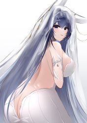 Rule 34 | 1girl, absurdres, animal ears, ass, azur lane, backless dress, backless outfit, breasts, bridal veil, bride, butt crack, cowboy shot, dress, fake animal ears, highres, kuaile hei zi, large breasts, long hair, looking at viewer, new jersey (azur lane), new jersey (snow-white ceremony) (azur lane), official alternate costume, purple eyes, purple hair, rabbit ears, simple background, veil, very long hair, wedding dress, white background