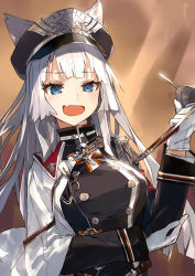 Rule 34 | 1girl, animal ears, blue eyes, breasts, buttons, capelet, dog ears, double-breasted, fang, fangs, gloves, half-closed eyes, harapeko (886011), hat, large breasts, long hair, long sleeves, looking at viewer, military, military uniform, open mouth, original, peaked cap, rapier, sidelocks, silver hair, solo, sword, uniform, upper body, weapon, white gloves