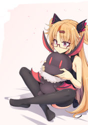 Rule 34 | 1girl, akatsuki uni, bare arms, bare shoulders, black thighhighs, blonde hair, character name, closed mouth, commentary request, creature, glasses, hair ornament, hairclip, highres, indian style, long hair, no shoes, ogami kazuki, pink-framed eyewear, pink eyes, semi-rimless eyewear, shadow, sitting, solo, thighhighs, two side up, under-rim eyewear, uni create, very long hair, virtual youtuber