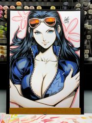 Rule 34 | 1girl, 2019, art tools in frame, black hair, blue eyes, blue shirt, breasts, cleavage, closed mouth, commentary, crossed arms, english commentary, eyewear on head, hair slicked back, high collar, highres, large breasts, long hair, looking at viewer, marker (medium), nico robin, one piece, open clothes, open shirt, shirt, short sleeves, signature, smile, stanley lau, sunglasses, tagme, traditional media, unzipped, upper body